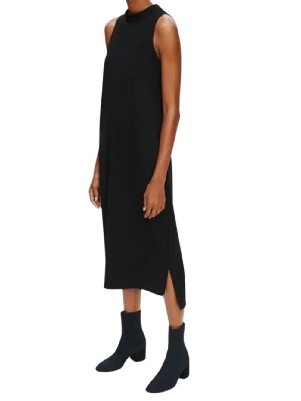 Eileen Fisher Flex Ponte Mock Neck‎ Midi Dress Sleeveless Size Medium Black